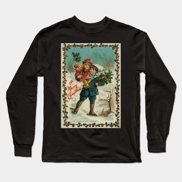 Vintage Christmas Boy and Girl Long Sleeve T-Shirt by RetroSalt